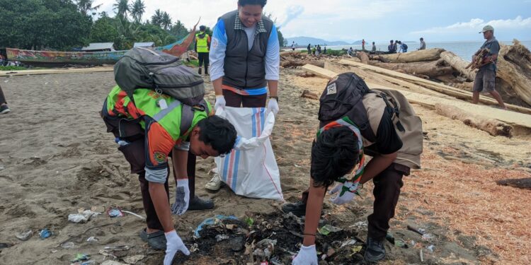 Ratusan Pramuka Bantu Tangani Kiriman Kayu Pasca Banjir Di Pantai Pasie Nan Tigo