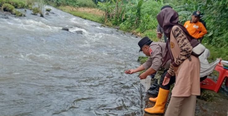 Pramuka Sokaraja Laksanakan Tebar Benih Ikan di Sungai Berem Banjaranyar